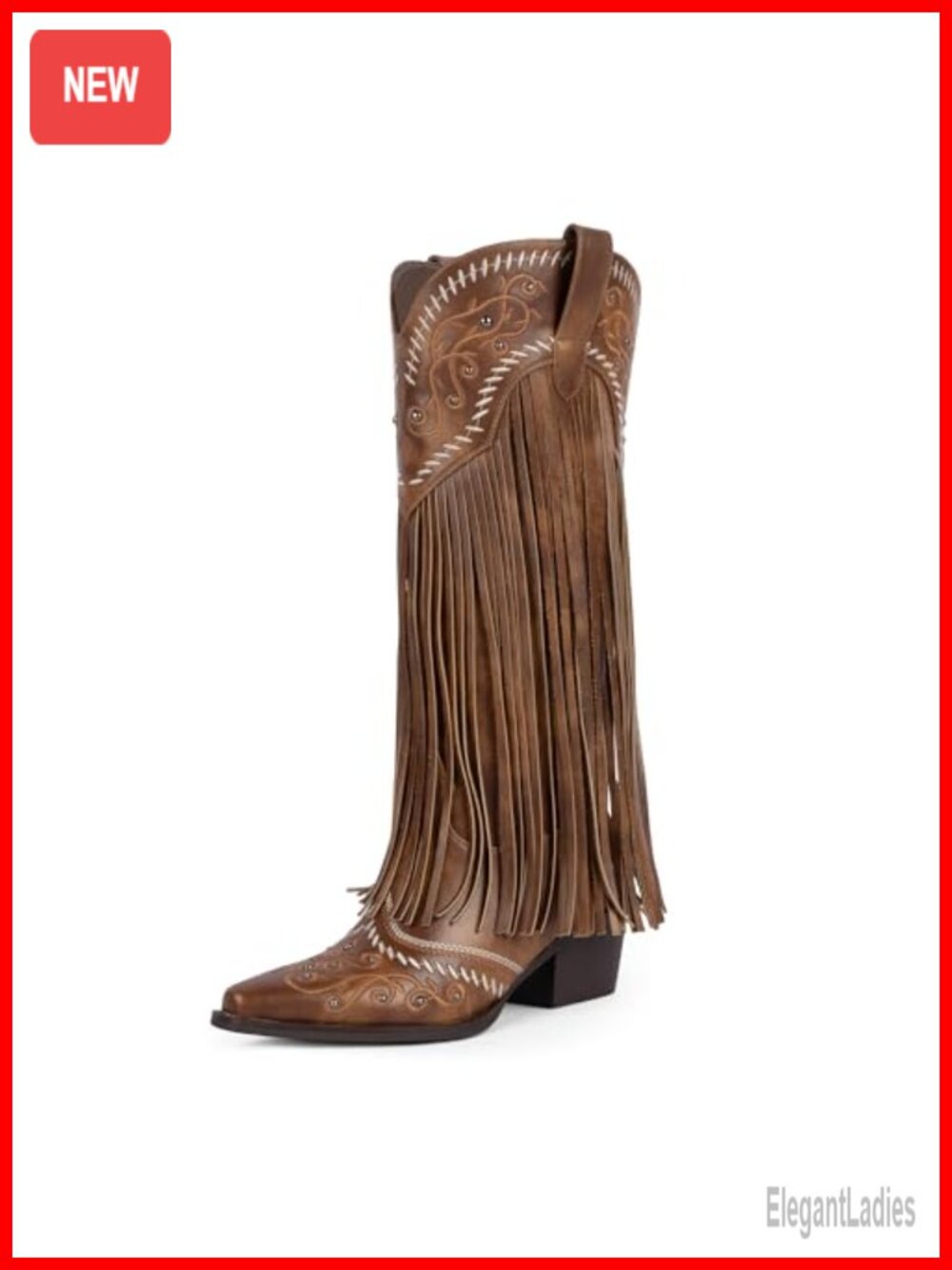 Faux Leather Knee High Cowboy Boots Pointed Toe Fringe Western